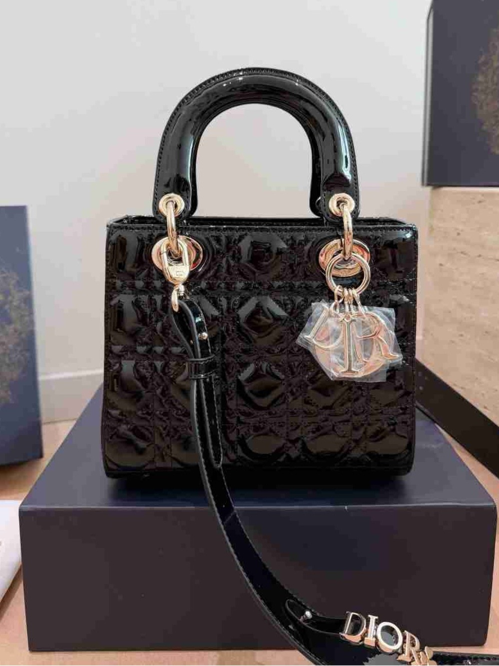 Dior Black Patent Lady Bag with Gold-Tone Hardware and Dior Charms